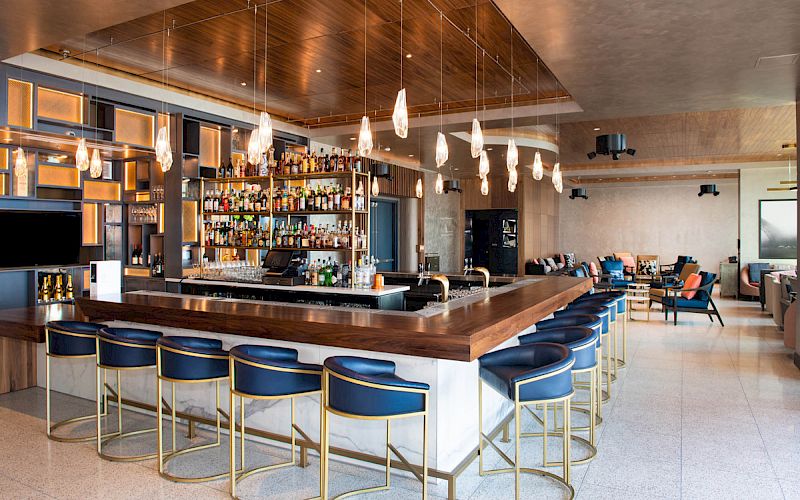 The image features a modern bar with blue chairs, hanging pendant lights, a large selection of bottles behind the counter, and a seating area.