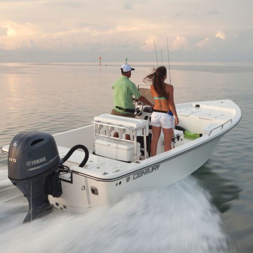 Two people are on a white motorboat speeding across calm waters, with some fishing rods visible and a serene horizon in the background.